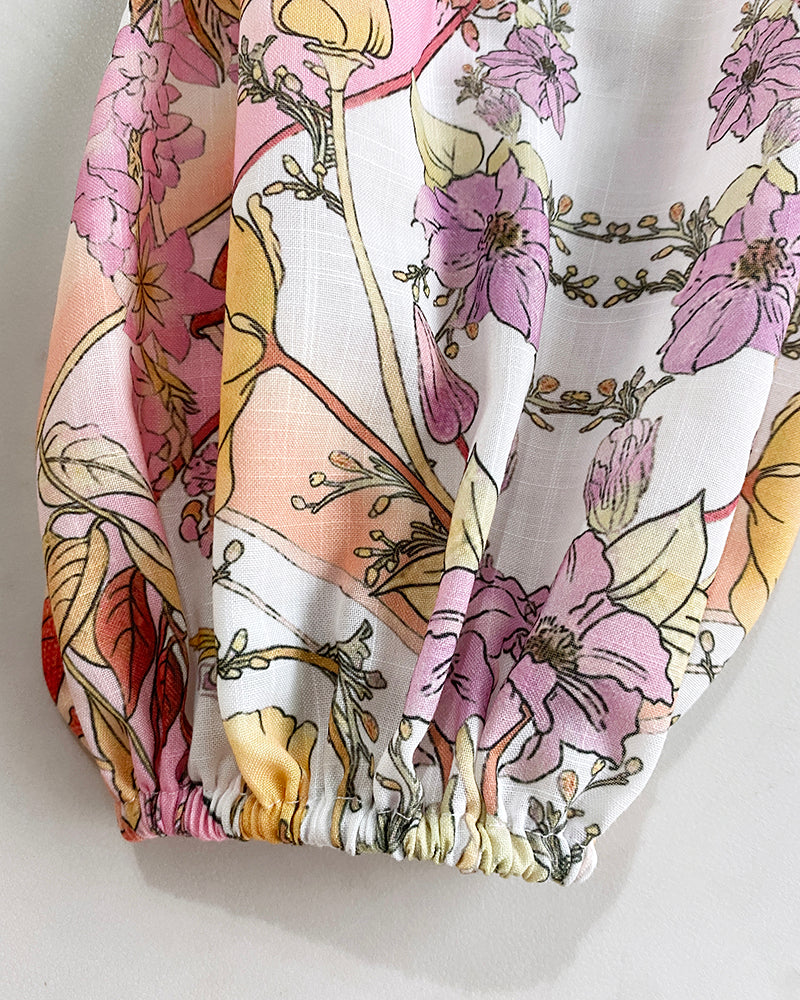 2 Pieces Outfit Floral Placement Print Stand Collar Button Button Front Lantern Sleeve Top and Casual Elastic Back Waist Shorts Set with Belt