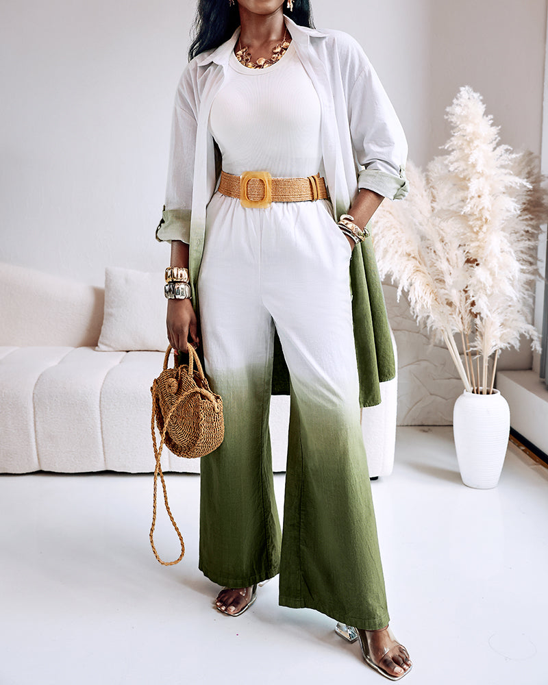 2 Pieces Outfit Ombre Print Long Sleeve Blouse And Casual High Waist Wide Leg Pants Set (Without Belt)