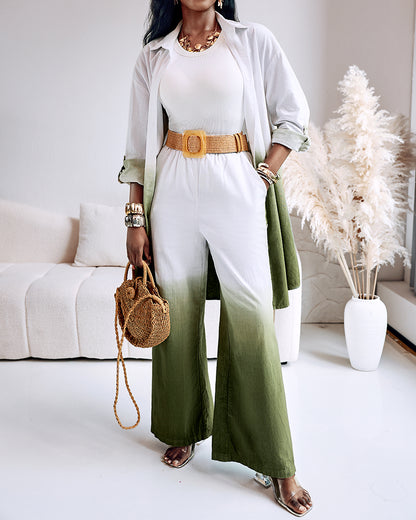 2 Pieces Outfit Ombre Print Long Sleeve Blouse And Casual High Waist Wide Leg Pants Set (Without Belt)