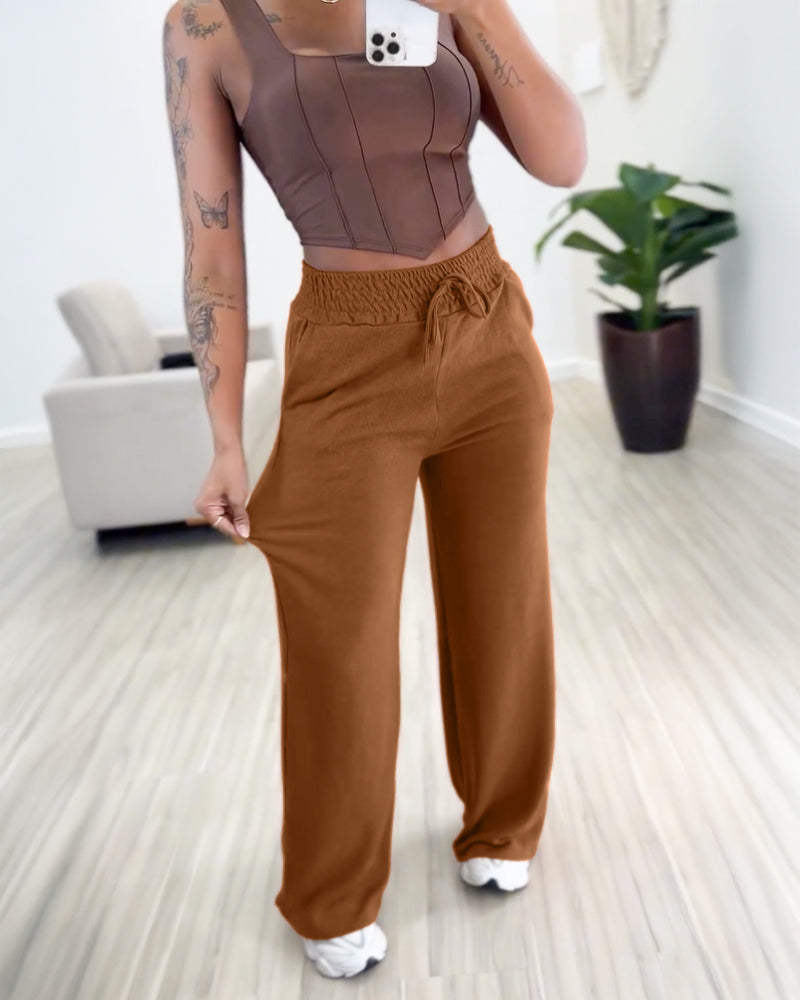 High Waist Drawstring Elastic Waist Wide Leg Casual Pants