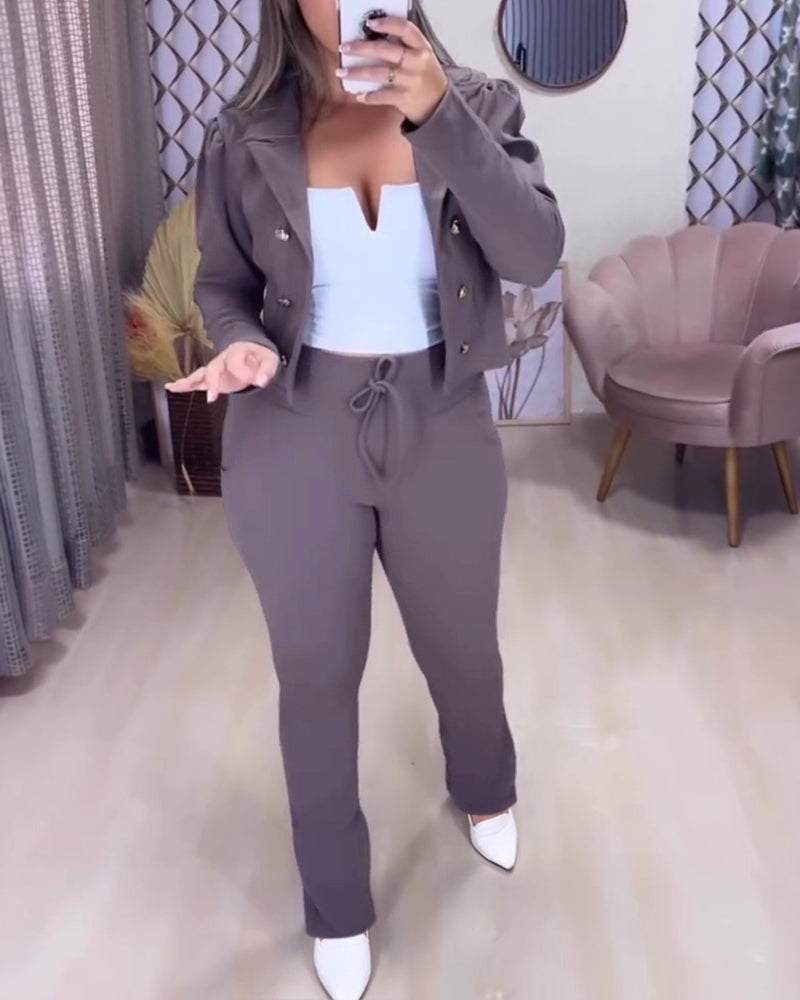 Women's 2 Piece Blazer Set Cropped Double Breasted Coat and Drawstring Pants