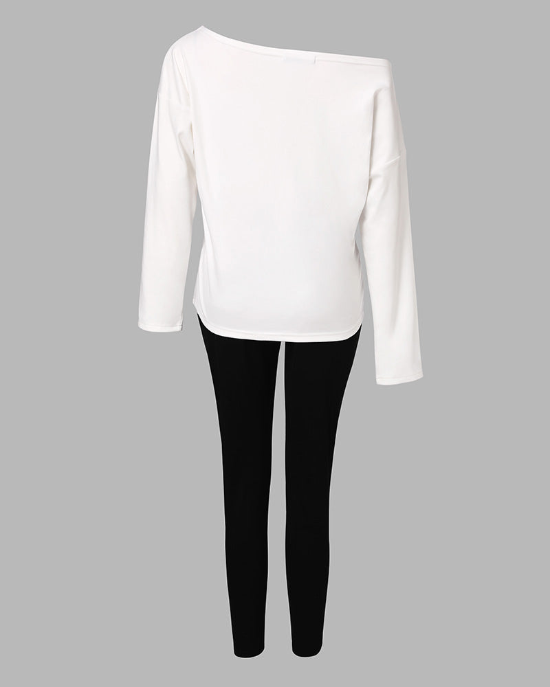 2 Piece Leopard Heart Love Print Skew Neck Top Drawstring Waist Pants Casual Tracksuit Set