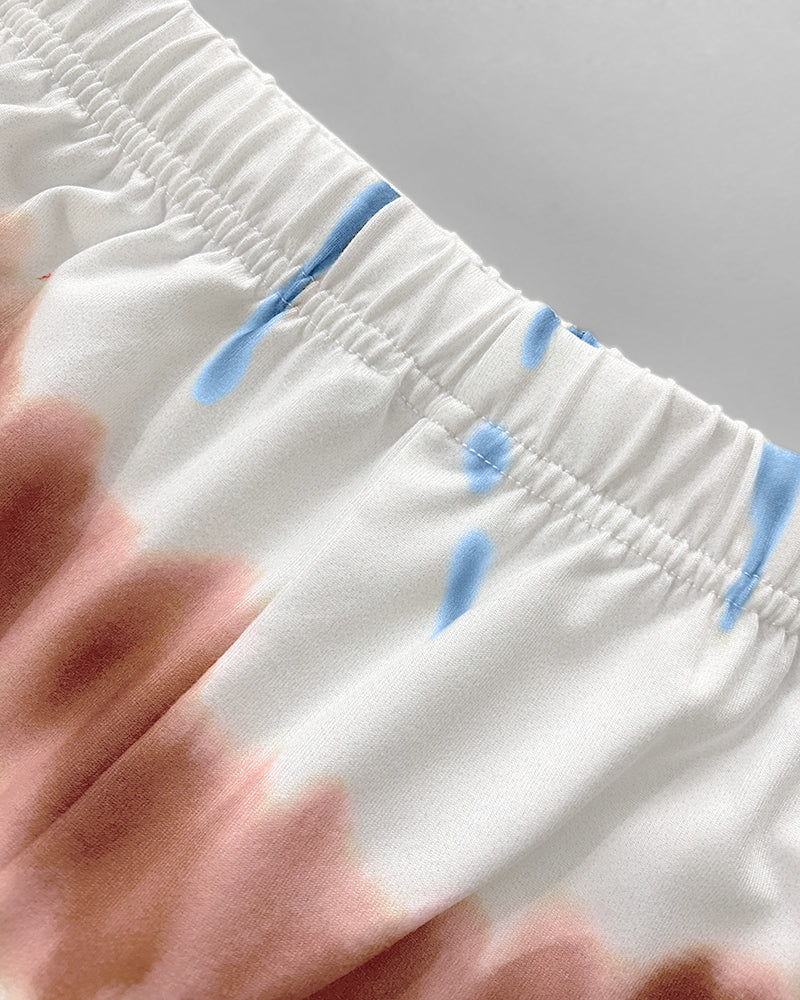 2 Pieces Outfit Letter Print Round Neck Short Sleeve Top And Tie Dye Print Elastic Waist Loose Fit Pants Set Casual Pajamas Set