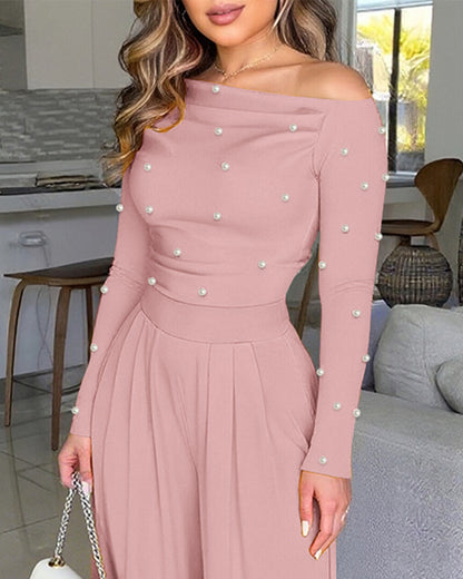Pearls Decor Skew Neck Long Sleeve Cinched Waist Overalls Casual Ruched Zipper Back Wide Leg Jumpsuit