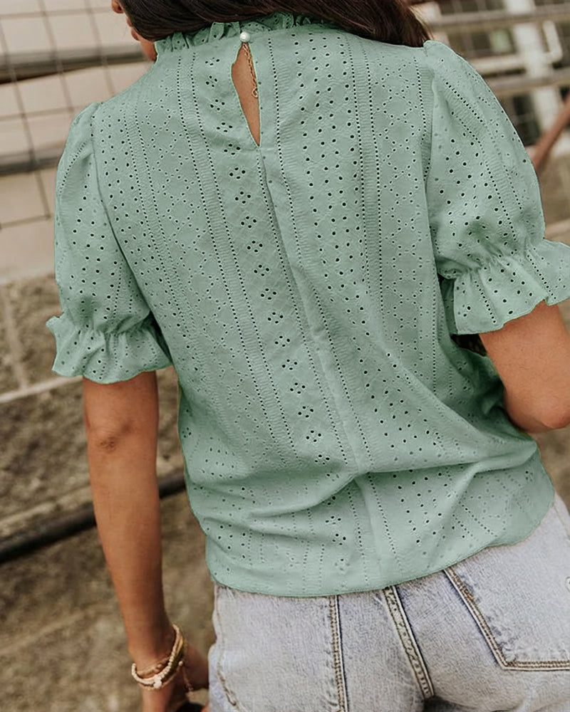 Elegant Frill Hem Stand Collar Puff Sleeve Blouse Casual Hollow Out Embroidery Pullover Top