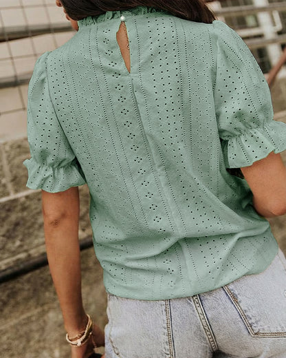 Elegant Frill Hem Stand Collar Puff Sleeve Blouse Casual Hollow Out Embroidery Pullover Top