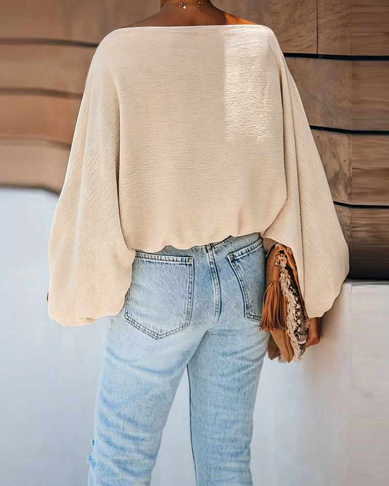 Women's French Style Off Shoulder Blouse Elegant Lantern Sleeve Top Versatile Skew Neck Textured Shirt
