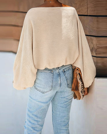 Women's French Style Off Shoulder Blouse Elegant Lantern Sleeve Top Versatile Skew Neck Textured Shirt