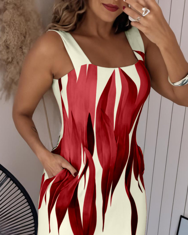 Plants Print Square Neck Thick Strap Maxi Dress Casual Slim Fit Side Slit Vacation Dress with Pockets