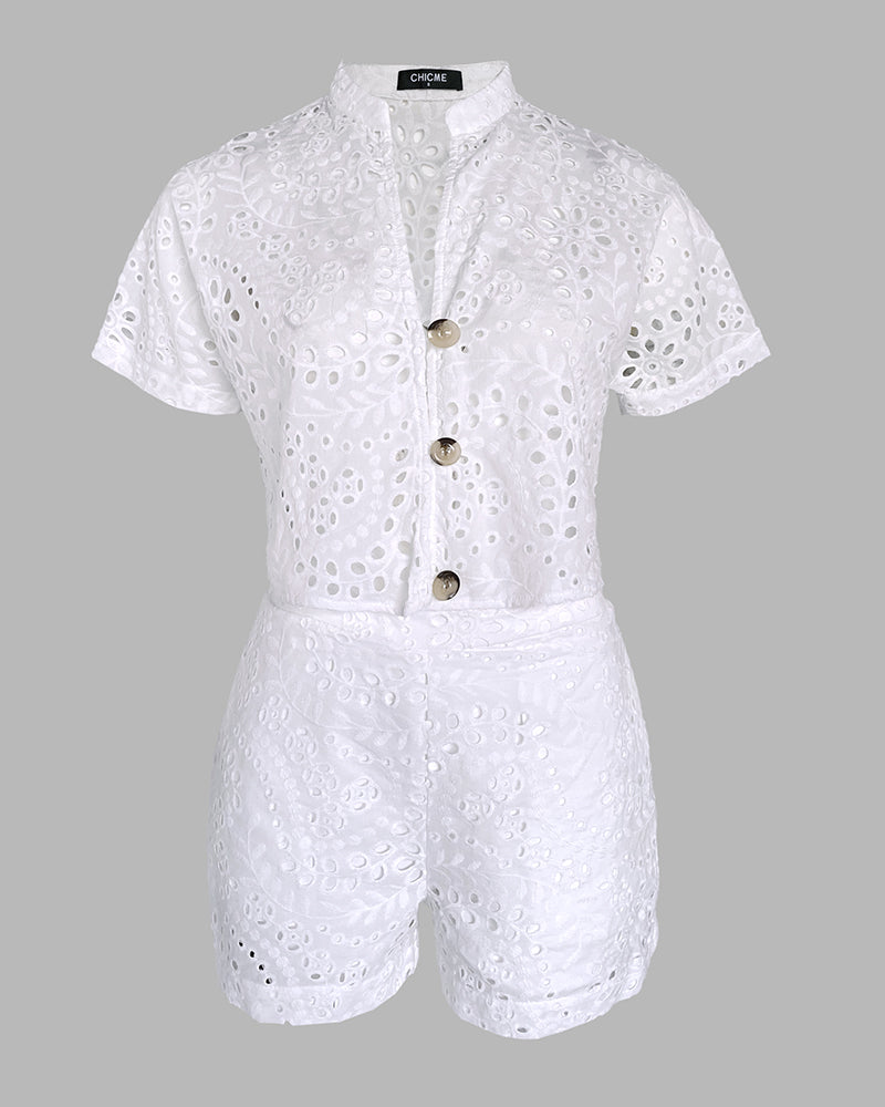 2 Pieces Outfit Eyelet Embroidery Short Sleeve Stand Collar Top and Casual Elastic Waist Shorts Set with Pockets