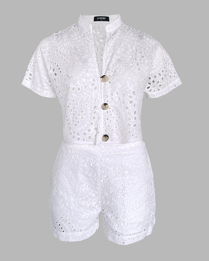 2 Pieces Outfit Eyelet Embroidery Short Sleeve Stand Collar Top and Casual Elastic Waist Shorts Set with Pockets