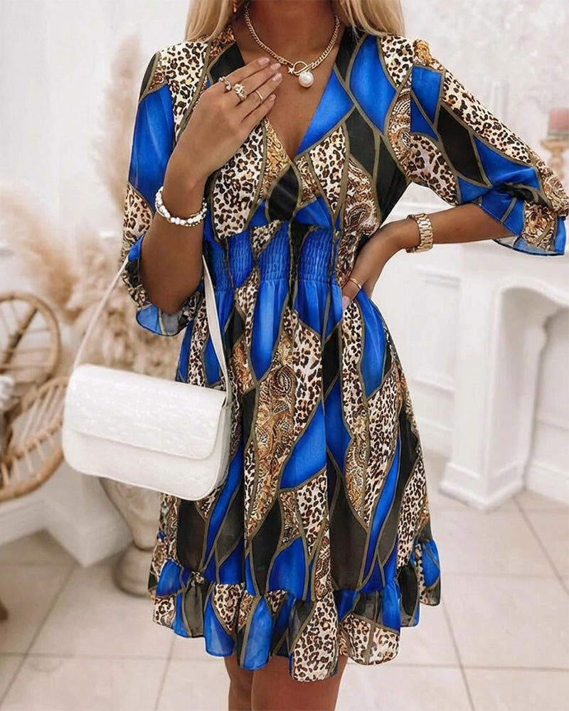 Colorblock Geometric & Leopard Print Spliced Overlap V Neck Flared Cuffs A Line Dress Casual Shirred Waist Ruffle Hem Vacation Chiffon Dress