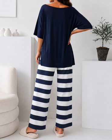 Women's Loungewear Set Anchor Print Side Slit Top and Striped Straight Leg Pants Set Casual Pajamas Set with Pockets