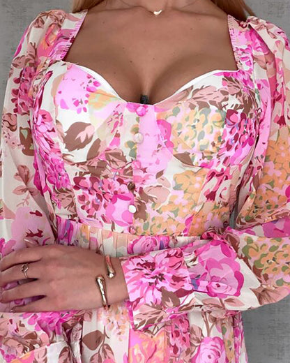 Women's French Floral Dress Sweetheart Neck Puff Sleeve Ruffle A Line Dress Casual Tied Detail Shirred Vacation Dress