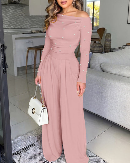 Pearls Decor Skew Neck Long Sleeve Cinched Waist Overalls Casual Ruched Zipper Back Wide Leg Jumpsuit