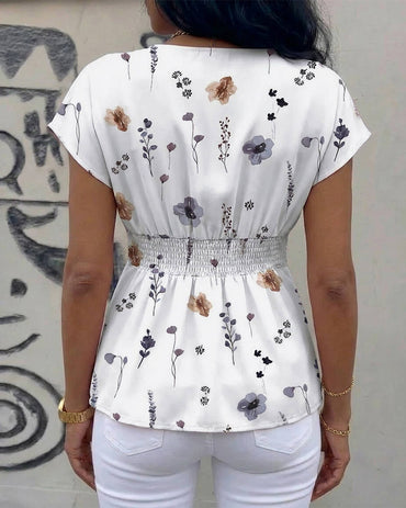 Watercolor Ditsy Floral Print V-Neck Short Sleeve Cinched Waist Blouse Casual Ruched Shoulder Shirred Back Waist Top