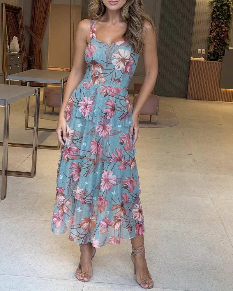CHICME Women's Floral Print Mesh Tiered Maxi Dress High Waist Ruffle Hem Camisole Dress Sleeveless Sweetheart Neck Vacation Sundress