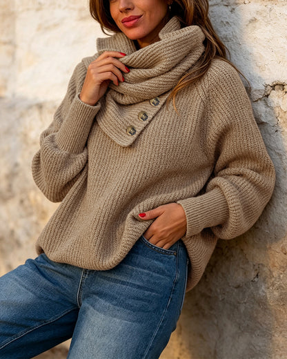 Women's Wrap-Style Cowl Collar Knit Sweater Casual Pullover