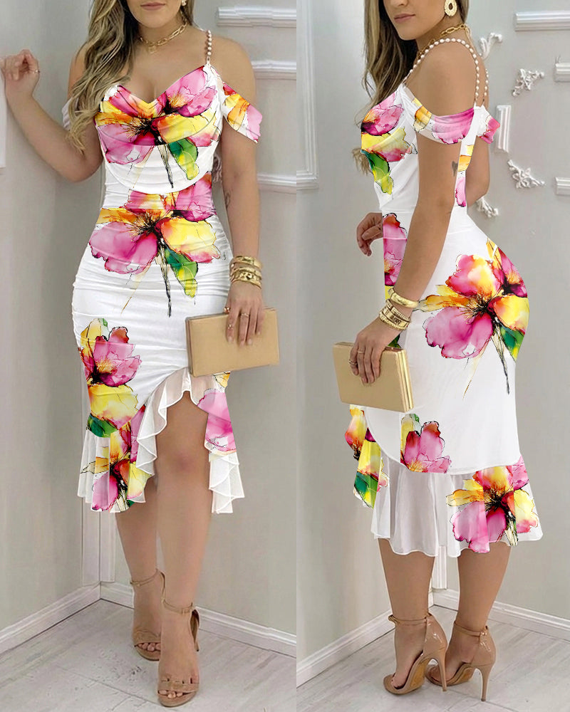 CHICME Women's Watercolor Floral Print Mesh Ruffle Hem Dress Stretchy Pearl Strap Cowl Neck Slit Bodycon Dress