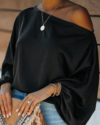 Women's Off Shoulder Satin Blouse Lantern Long Sleeve Shirt Casual Loose Fit Skew Neck Top