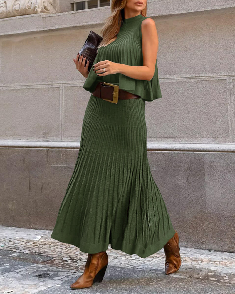2 Pieces Outfit Sleeveless Loose A Line Pleated Knit Tank and High Waist Midi Fishtail Skirt Set
