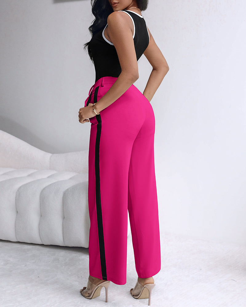 2 Piece Contrast Binding Sleeveless Slim Fit Tank Top and Striped Pants Sets Tracksuits Match Sets