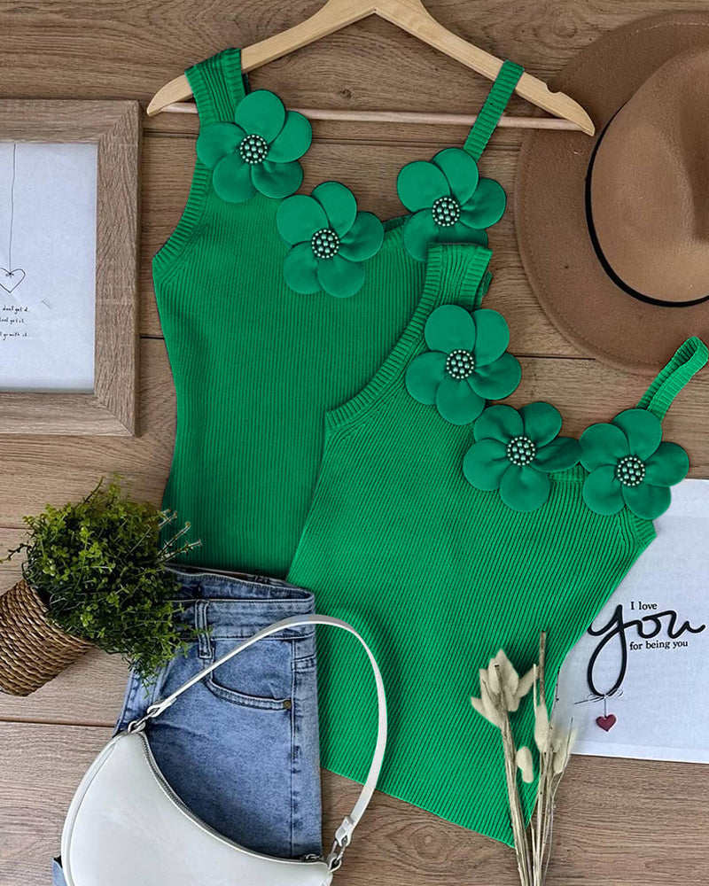 2 Pack Solid 3D Flower Tank Top Asymmetrical Neck Sleeveless Casual Ribbed Knit Camisole