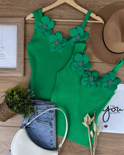 2 Pack Solid 3D Flower Tank Top Asymmetrical Neck Sleeveless Casual Ribbed Knit Camisole