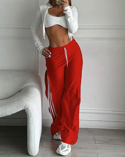 Contrast Side Striped & Zipper Slit Side Drawstring Elastic Waist Trousers Casual Wide Leg Pants