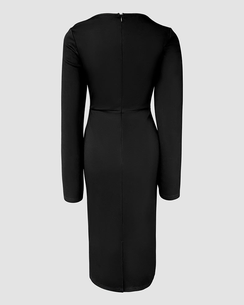 Asymmetrical Foldover Neck Lace Long Sleeve with Split Sleeve Overlay Party Dress Slim Fit Zipper Back Slit Commuting Dress