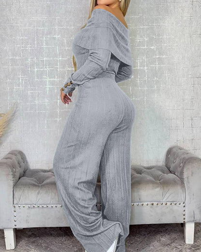 2 Pieces Outfit Button Decor Foldover Off Shoulder Slim Fit Top and Elastic Waist Wide Leg Pants Set Casual Ribbed Set