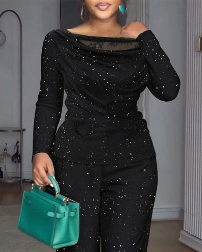 2 Pieces Outfit Cowl Neck Lace Spliced Long Sleeve Top and Elastic Waist Wide Leg Pants Set Casual Glitter Set