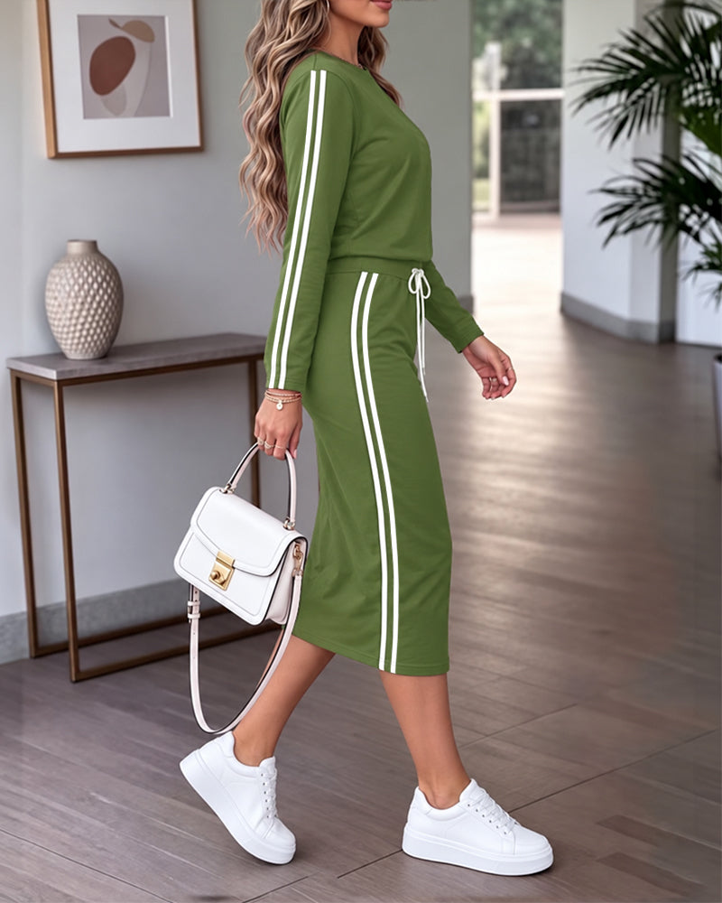 Women's Contrast Side Stripe Long Sleeve Crew Neck Top and Drawstring Midi Skirt Set