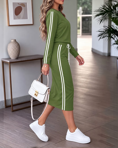 Women's Contrast Side Stripe Long Sleeve Crew Neck Top and Drawstring Midi Skirt Set