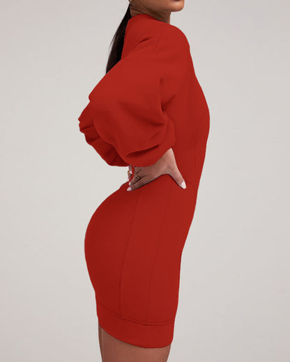 Lantern Sleeve Bodycon Pullover Sweatshirt Dress Crew Neck Mini Dress