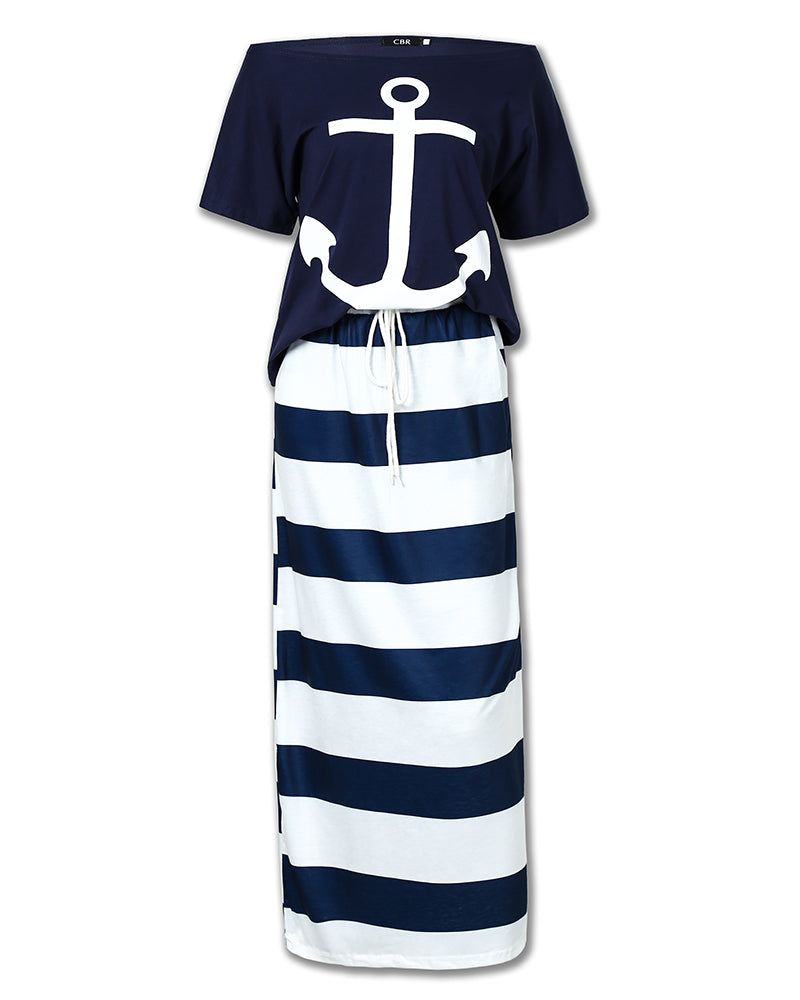 2 Pieces Outfit Anchor Print Skew Neck Top and Casual Striped Drawstring Elastic Waist Skirt Set