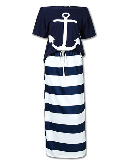2 Pieces Outfit Anchor Print Skew Neck Top and Casual Striped Drawstring Elastic Waist Skirt Set