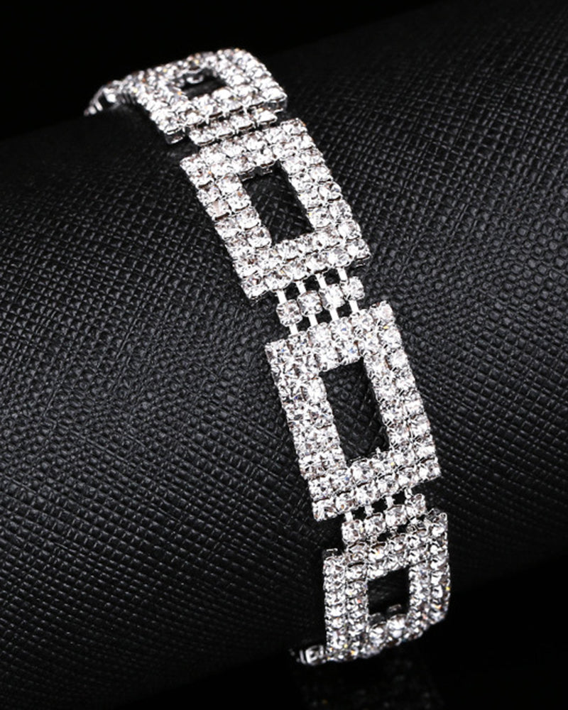 3PCS Allover Rhinestone Hollow Out Square Pendant Necklace & Drop Earrings & Bracelet Evening Party Wedding Jewelry Set