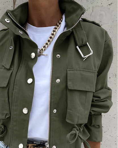 High Neck Zip Up Snap Button Front Flap Pockets Design Cargo Biker Jacket Casual Drawstring Crop Coat