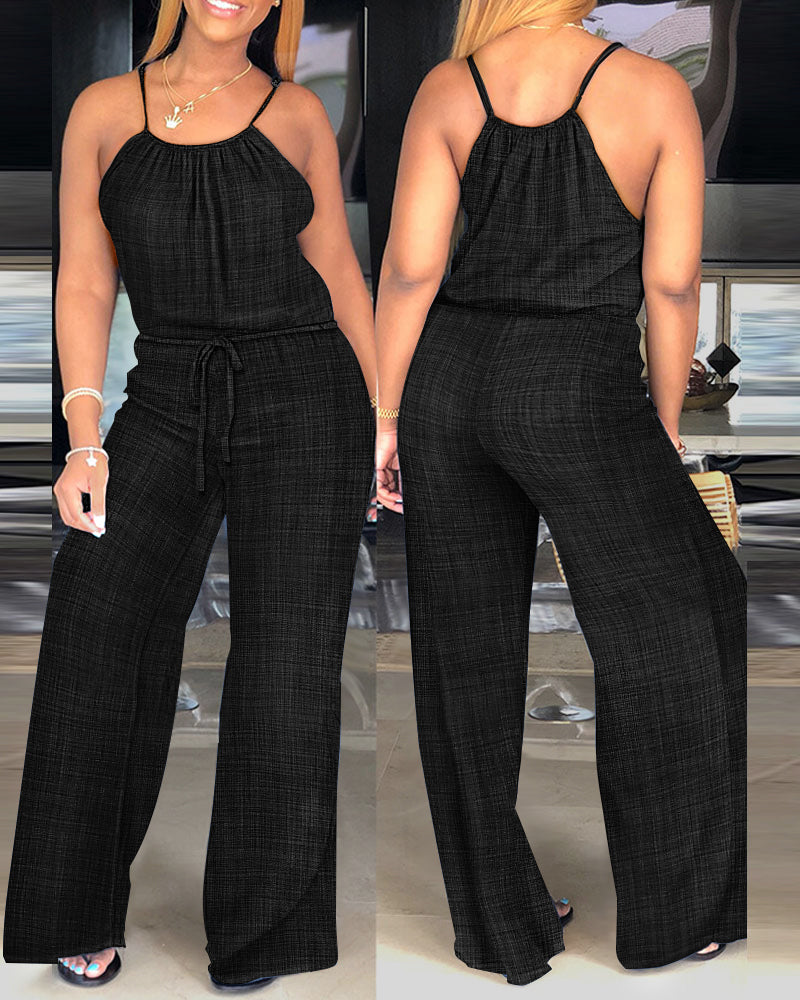Womens Spaghetti Strap Drawstring Tied Waist Jumpsuit Casual Overalls