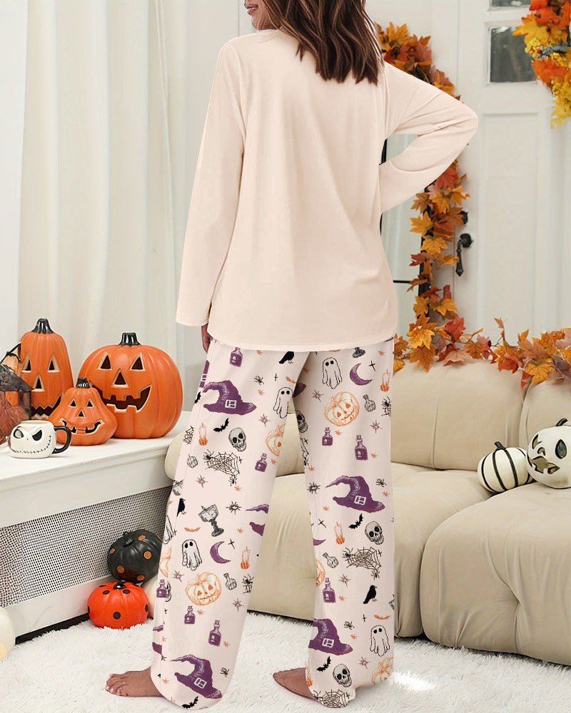 2 Pieces Outfit HAPPY HALLOWEEN Slogan & Graphic Print Long Sleeve Top and Graphic Print Elastic Waist Pants Set Casual Pajamas Set