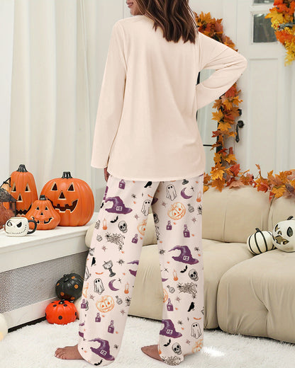 2 Pieces Outfit HAPPY HALLOWEEN Slogan & Graphic Print Long Sleeve Top and Graphic Print Elastic Waist Pants Set Casual Pajamas Set