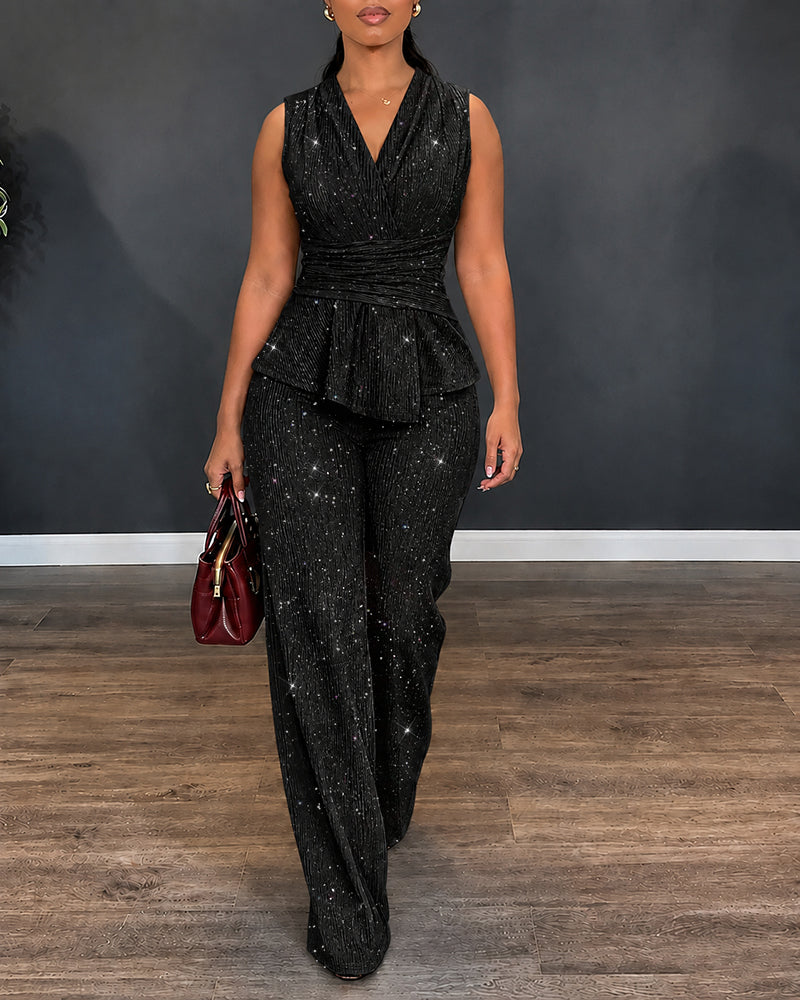 Women's 2 Piece Glitter Outfits Sleeveless Wrap V Neck Ruffle Hem Top and Wide Leg Pants Set