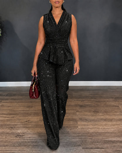 Women's 2 Piece Glitter Outfits Sleeveless Wrap V Neck Ruffle Hem Top and Wide Leg Pants Set