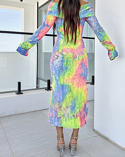 Tie Dye Print Foldover Off Shoulder Long Sleeve Textured Bodycon Dress Casual Ripped Detail High Strech Vacation Dress