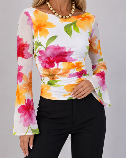Women's Watercolor Floral Boat Neck Mesh Flare Sleeve Ruched Slim Fit Top