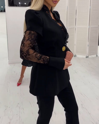 Eyelash Lace Trim Deep V-Neck Puff Sleeve Single Breasted Coat Lace Spliced Waist A-Line Blazer Coat