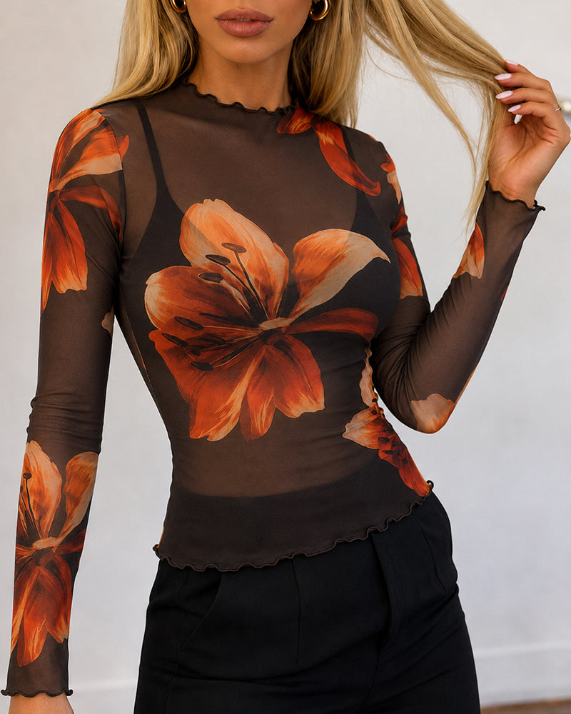 Women's Floral Print Sheer Mesh Top Frill Trim Mock Neck Long Sleeve Tee