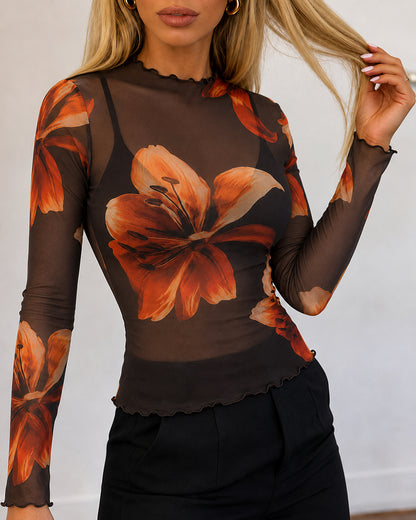 Women's Floral Print Sheer Mesh Top Frill Trim Mock Neck Long Sleeve Tee