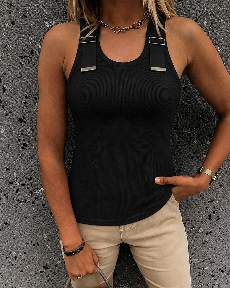 Women's Ribbed Knit Tank Top Adjustable Buckle Strap Side Ruched Knit Top Curved Hem Slim Fit Vest